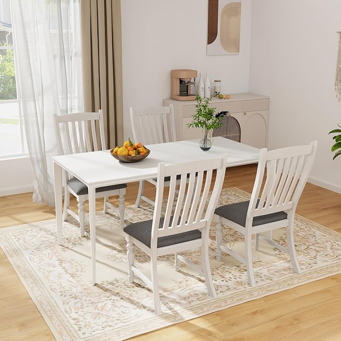 Giantex Wood Dining Chairs Set of 2, Farmhouse Kitchen Chairs with Solid Wood Frame, Max Load 355 Lbs, Armless Upholstered Dining Side Chairs with Cushion Seat, Slat Back Dining Room Chair, White