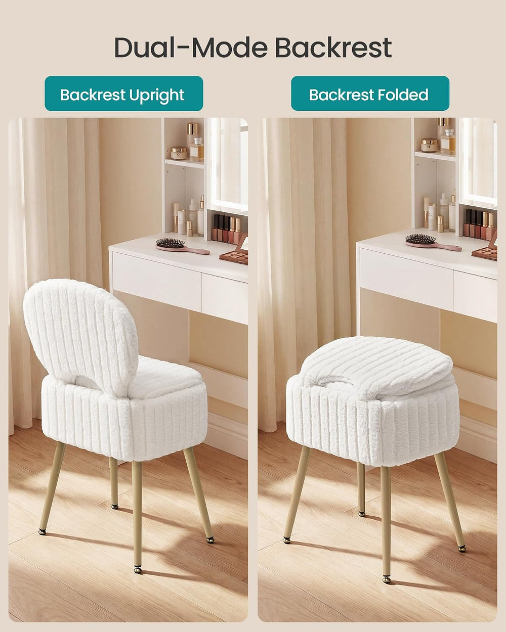 SONGMICS Vanity Chair, Makeup Stool with Folding Backrest | Plush Padded Dres...