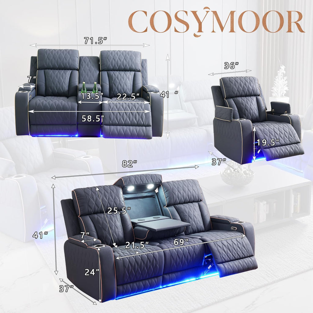 Power Recliner Sofa Set with LED, 3 Pieces Sectional Couch, Sandad Leather Living Room Furniture Sets, Modern Power Reclining Couch Leather Sofa with USB Ports/Cup Holders/Armrest Storage