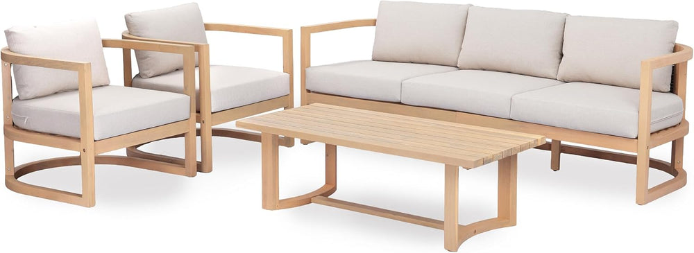 Merax 4 Piece Rattan Woven Paito Conversation Set, All-Weather Acacia Wood 3 ...