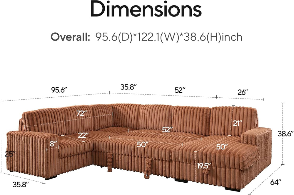 122'' Convertible U-Shaped Faux Rabbit Fur Plush Sectional Sleeper So...