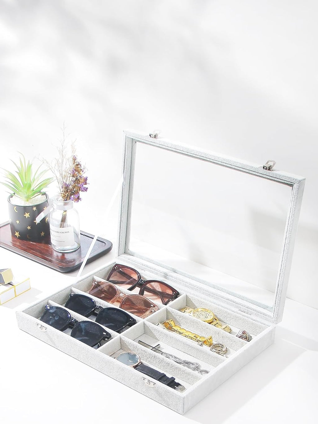 Coward Sunglass Organizer Tray Box, Grey Beige Velvet Eyeglasses Display Tray Case with Transparent Glass Lid for Home Use or Store Shop Selling Show
