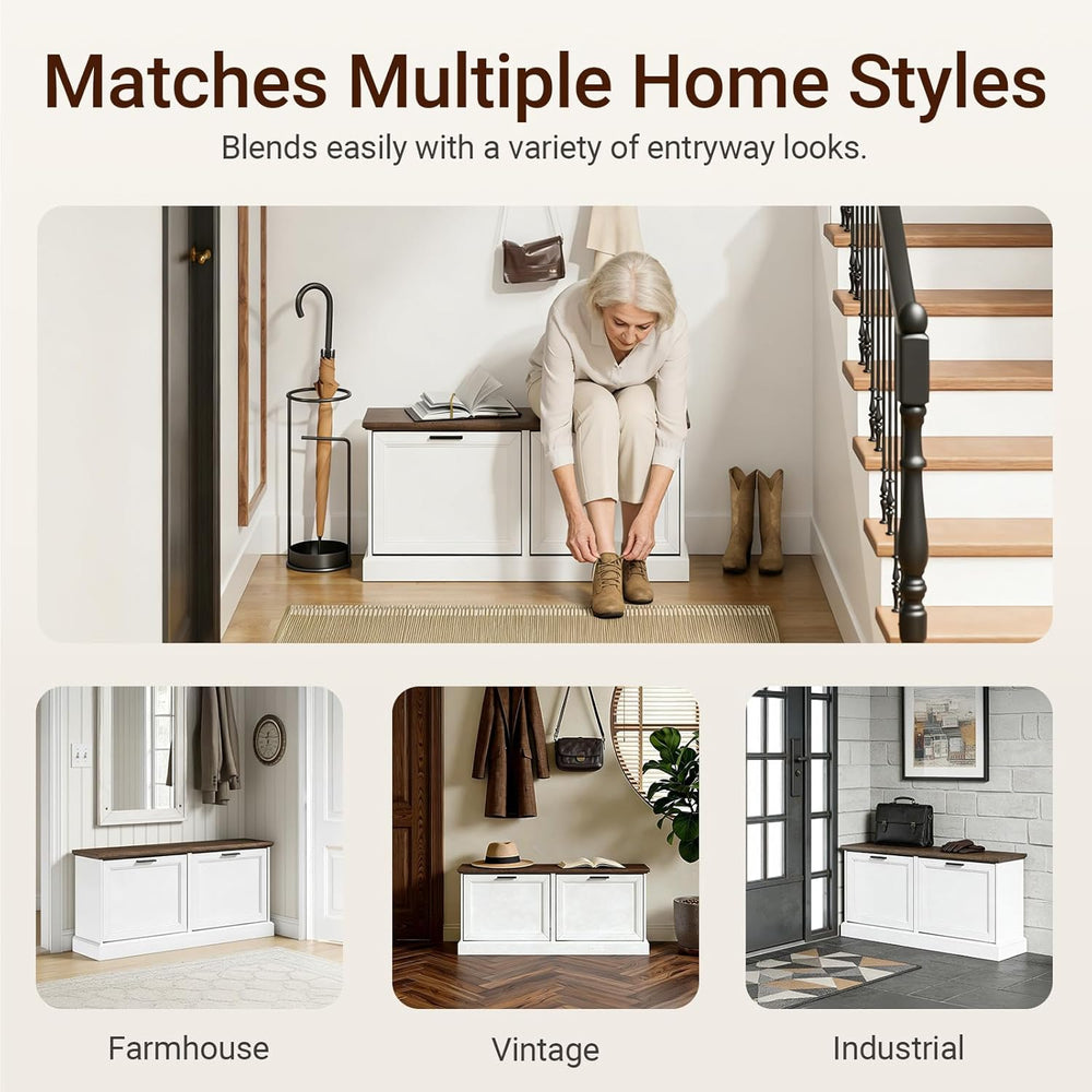 SoBuy Narrow Shoe Bench with Flip Drawers - Slim White Entryway Shoe Storage ...