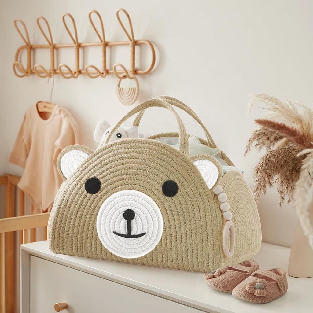 Diaper Caddy Organizer, Cotton Rope Baby Caddy Basket, Nursery Storage Bin | Large Storage Basket, Car Organizer for Diapers and Baby Wipes, Cute Design Gift for Baby Shower, Newborn Essentials