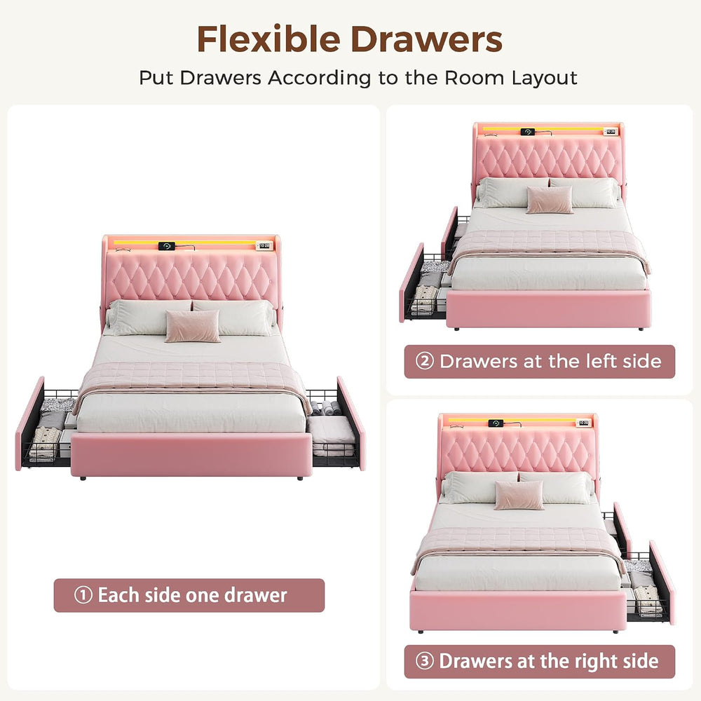 Queen LED Velvet Bed Frame with 2 Storage Drawers&Hidden Headboard, Uphol...