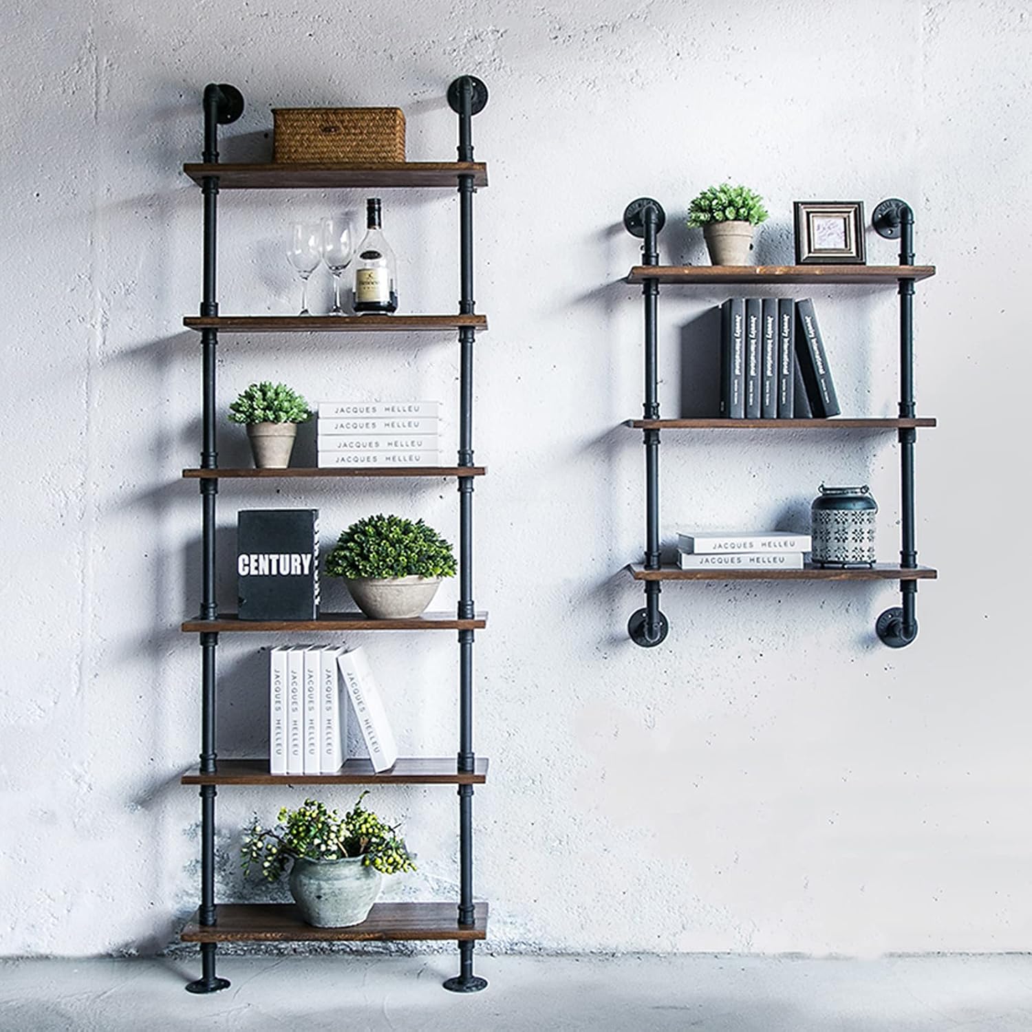 6 Tier Ladder Wall Shelf with Wood Planks, Industrial Iron Pipe Style Storage Rack for Living Room or Home Office