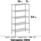 18" Deep x 36" Wide x 64" Height Wire Shelving Kit | 5-Tier | NSF Commercial Storage Rack Unit