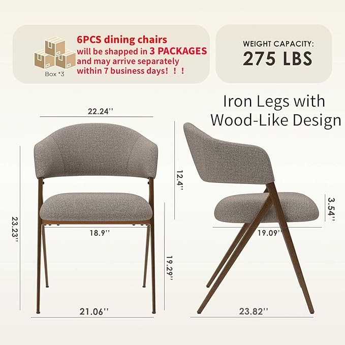 COLAMY Dining Chairs Set of 6, Mid Century Modern Dining Room Kitchen Dinner Chairs with Iron Legs, Open Back and Padded Seat, for Living Room/Bedroom/Restaurant/Cafe, Taupe
