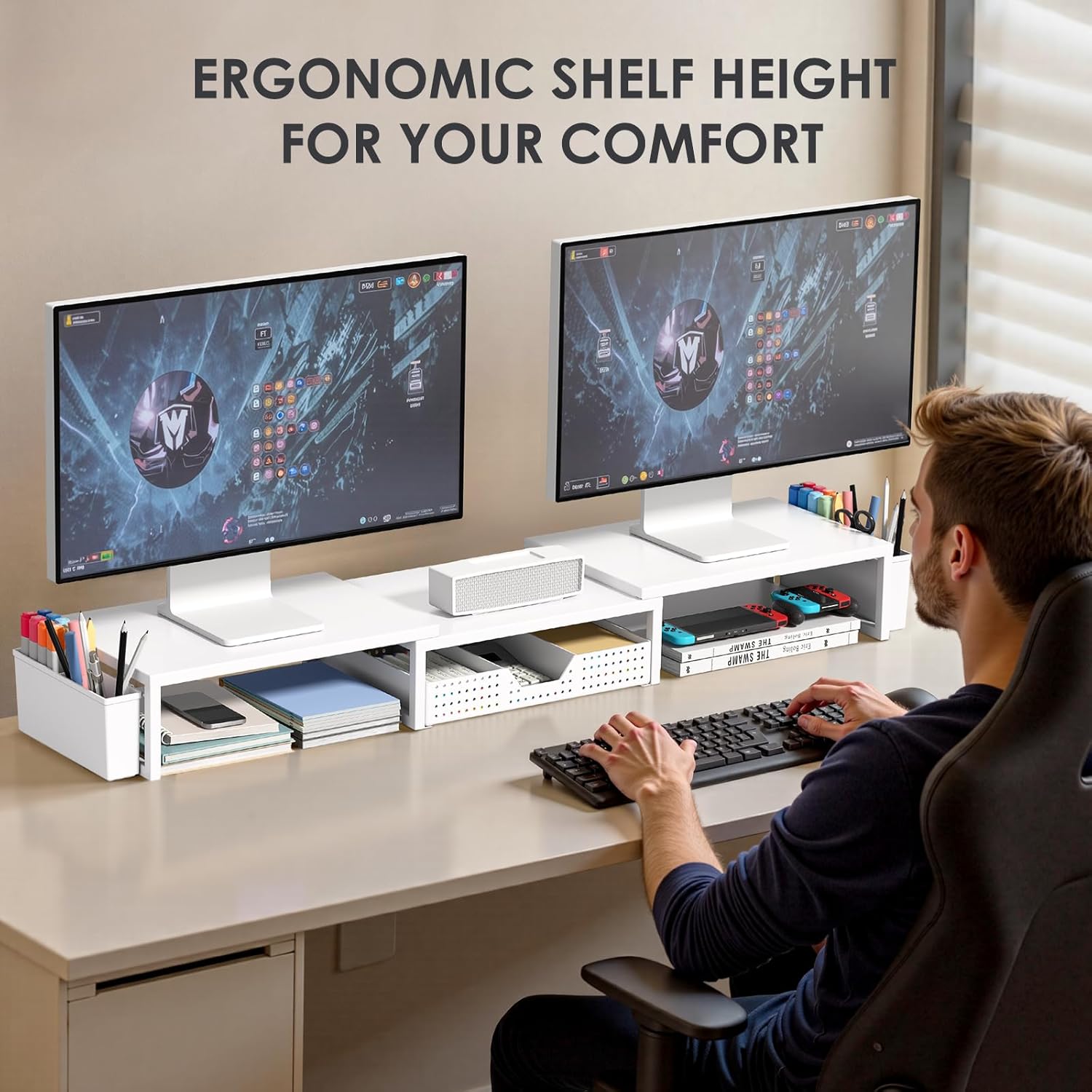 OPNICE White Dual Monitor Stand Riser, Metal Desk Organizers and Accessories with Drawer and 2 Pen Holders, Computer Monitor Stand for Desk