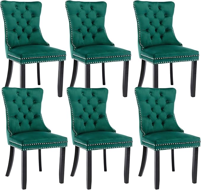 Green Velvet Dining Chairs Set of 6, Upholstered Dining Room Chairs with Back Ring Pull Trim and Solid Wood Legs, Tufted Wingback Kitchen Chairs for Dining Room,Living Room,Kitchen(Green)