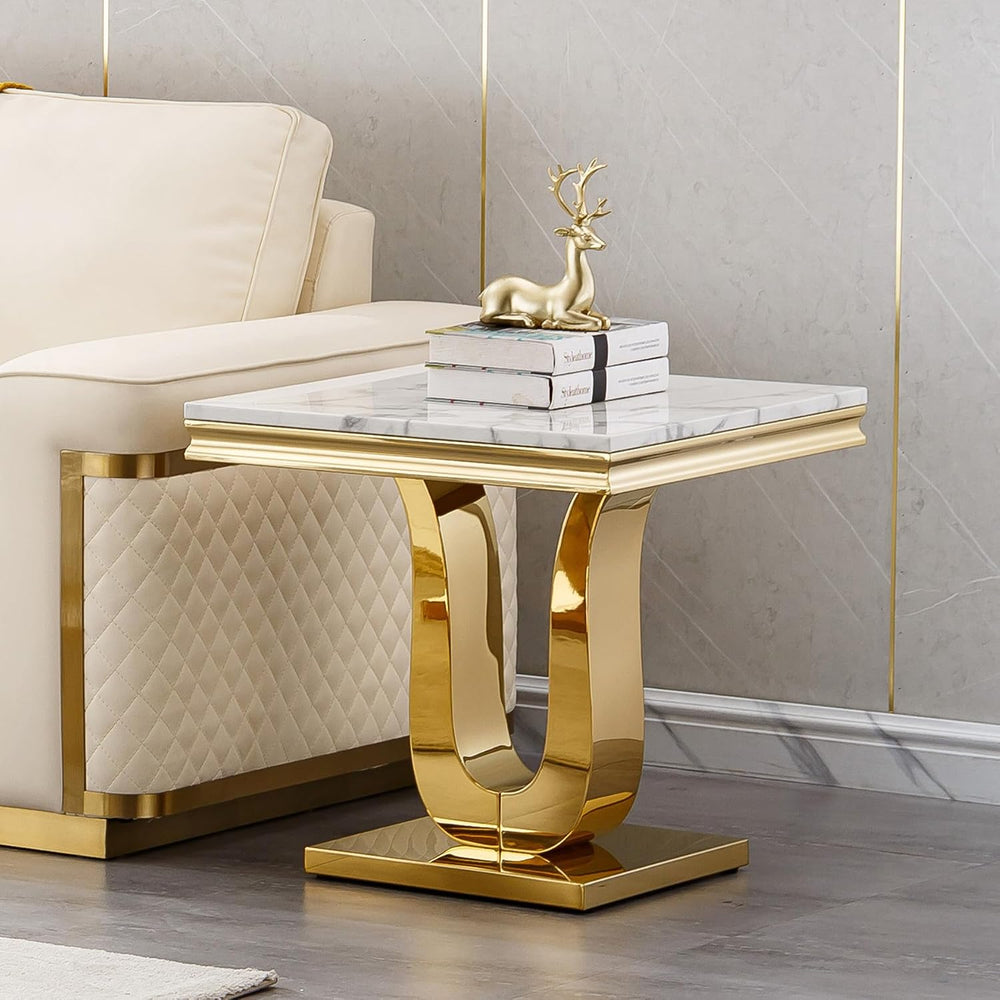 1 Piece Living Room End Table Luxury Faux Marble Sofa Side Table, Modern Whit...