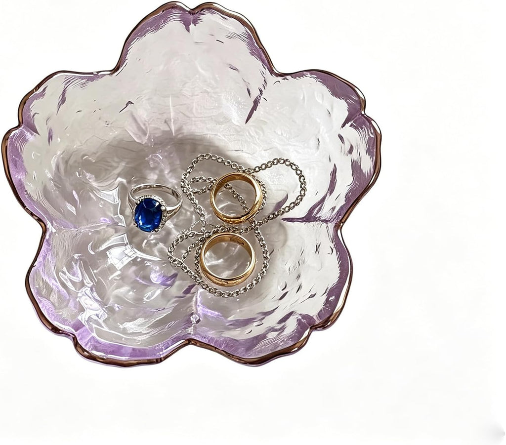 Small Jewelry Dish Tray, Flower Ring Dish Jewelry Tray, Nightstand Decor Glass Trinket Dish, Jewlery Plate Crystal Ring Holder Dish, Gifts Engagement Jewelry Bowl Dish for Rings, Earrings (Purple)