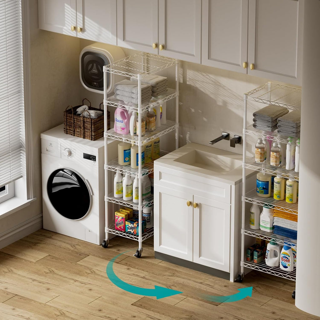 SINGAYE 6 Shelves Storage Shelf Wire Closet Bathroom Organizers Metal Pantry Kitchen Small Garage Shelving Unit Laundry Room Organization Home Narrow Rack Net Basket with Wheels White