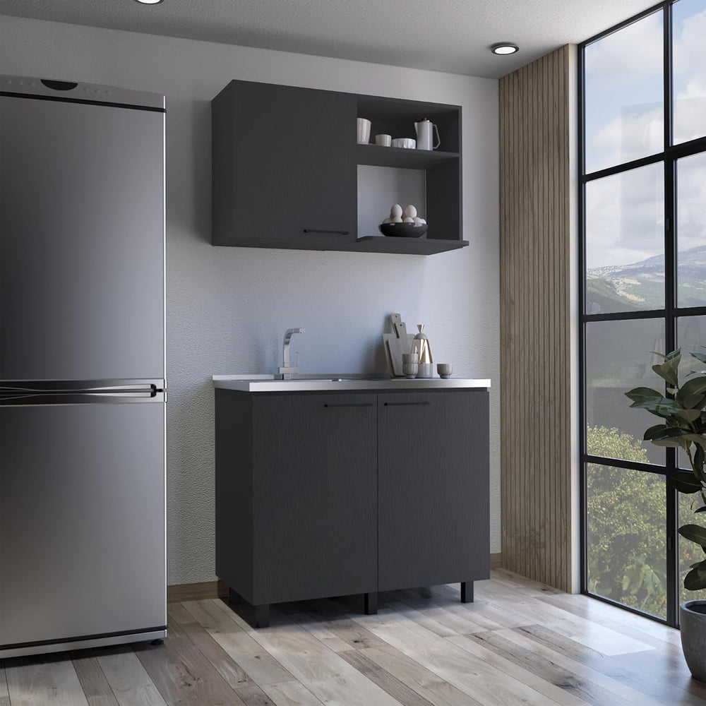 2 Piece Kitchen Set with Wall Cabinet and Utility Sink in Black | Includes st...