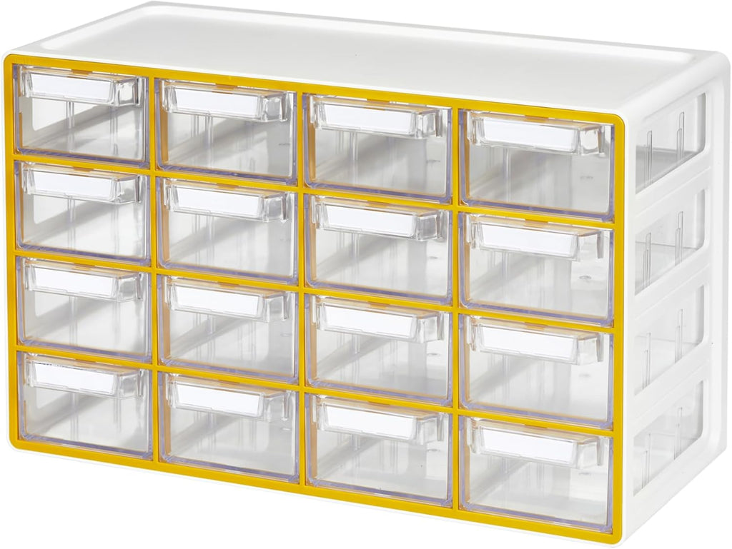 Blue Ginkgo Medium 16-Drawer Cabinet – Stackable Clear Organizer for Hardware, Beads, Plastic Bricks, Office, and Craft Storage (Made in Korea, Yellow)