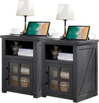 Farmhouse Nightstand with Charging Station, Rustic End Table with Tempered Glass Barn Door, Wood Sofa Side Bedside Table with Open Storage Shelf for Living Room, Bedroom, Black, 2 Pack