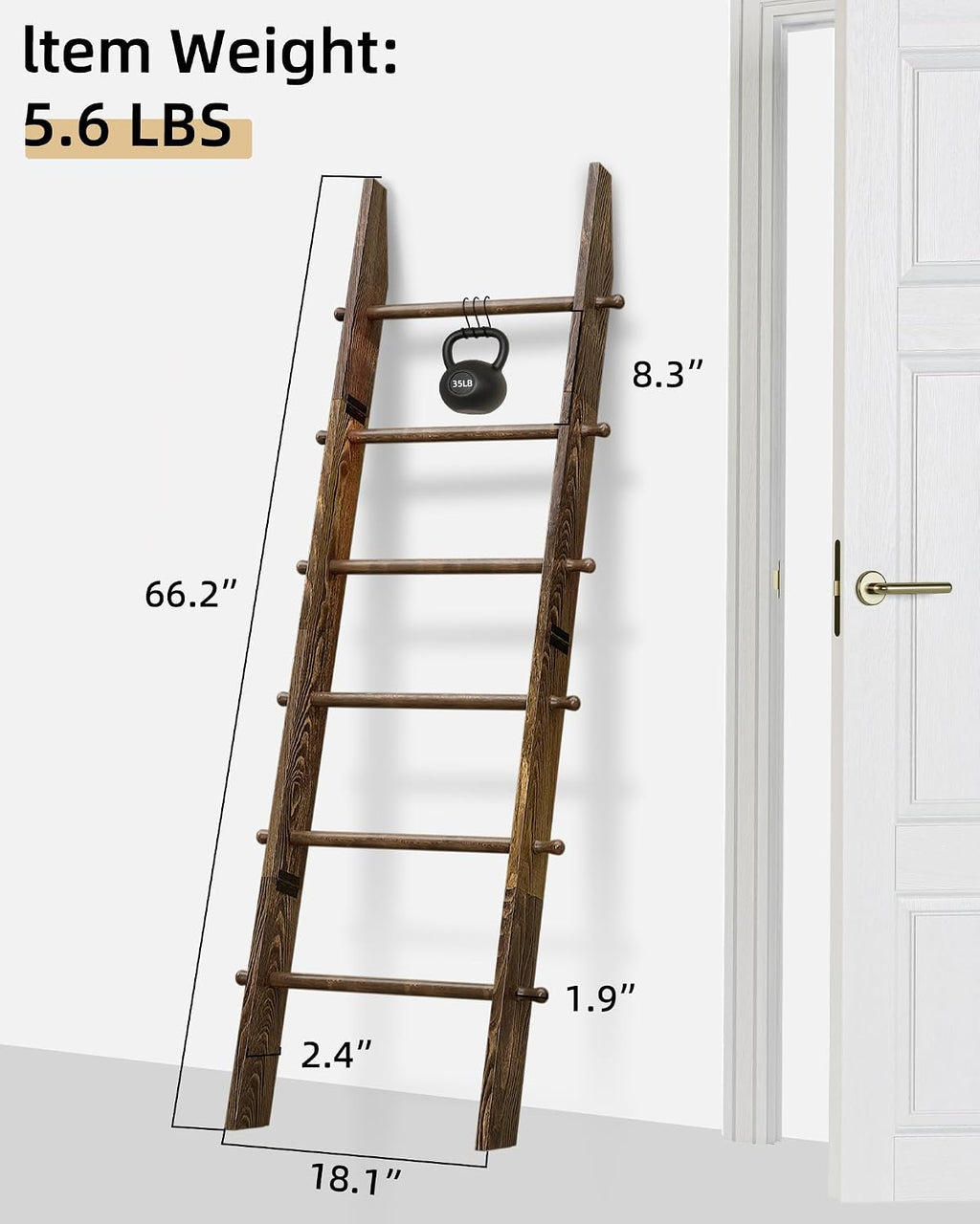 TEAKMAMA 6-Tier 5.4ft Blanket Ladder with Hanging Knobs Rustic Brown | Farmhouse Wall Leaning Solid Wood Scratch & Slip Proof Quilt Rack, Living Room Bedroom Bathroom, Xmas Deco, Easy Setup