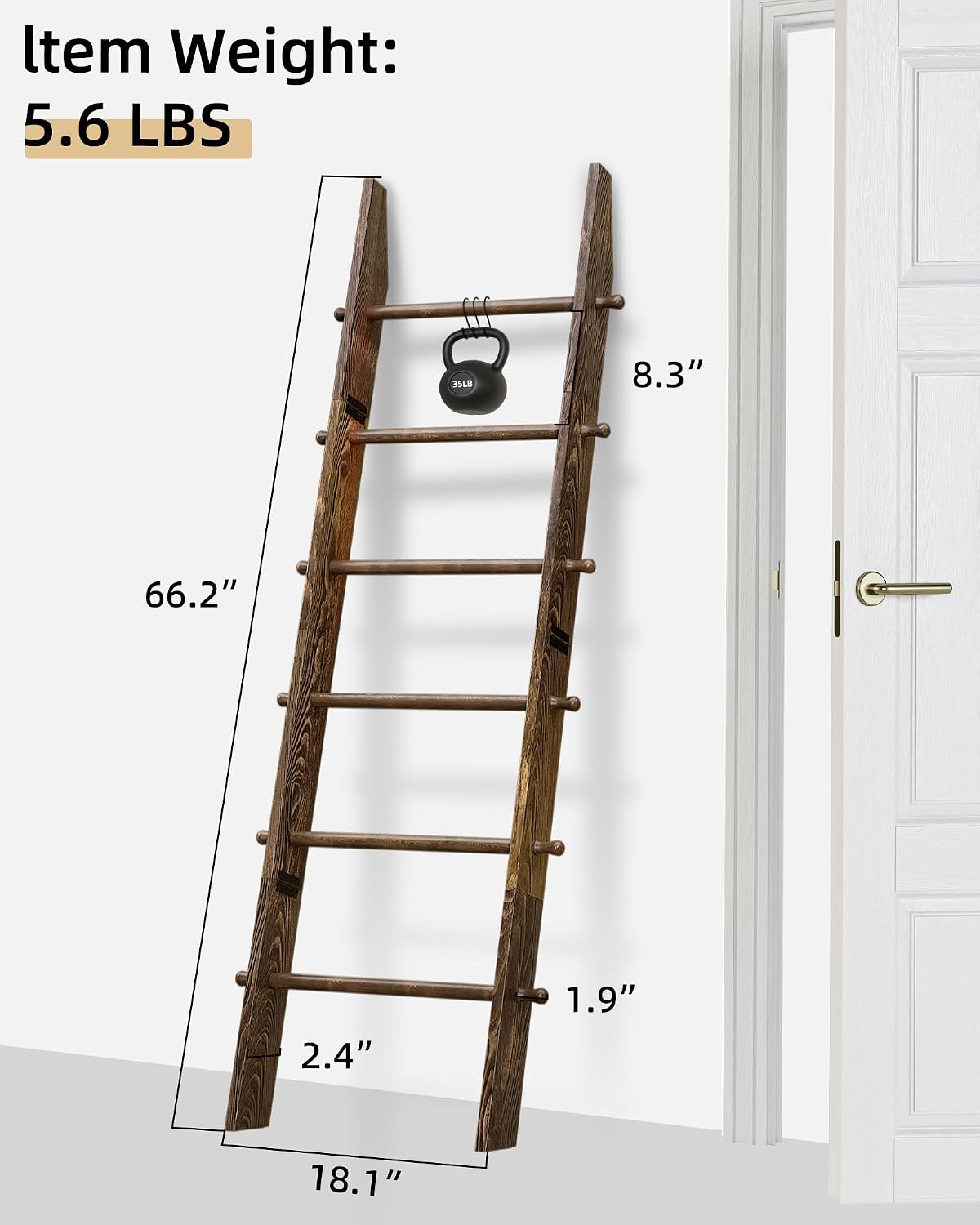TEAKMAMA 6-Tier 5.4ft Blanket Ladder with Hanging Knobs Rustic Brown | Farmhouse Wall Leaning Solid Wood Scratch & Slip Proof Quilt Rack, Living Room Bedroom Bathroom, Xmas Deco, Easy Setup