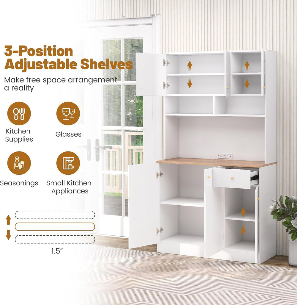 71" Tall Kitchen Hutch, Modern Pantry Storage Cabinet with Power Outlets...