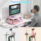 gianotter Wood Monitor Stand Riser, Desk Organizer with Drawer and 2 Pen Holders, 2-Tier Workspace Organizer for Office Supplies(Pink Wood)