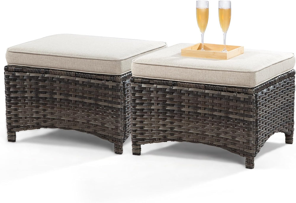 Outdoor Ottomans for Patio Set of 2 PE Wicker Steel Frame Outdoor Footstool w...