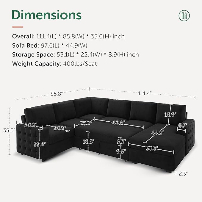 HONBAY Sectional Sleeper Sofa with Pull Out Bed U-Shape Sectional Couch with Storage Chaise 6 Seater Sleeper Sectional Sofa Bed, Velvet Black