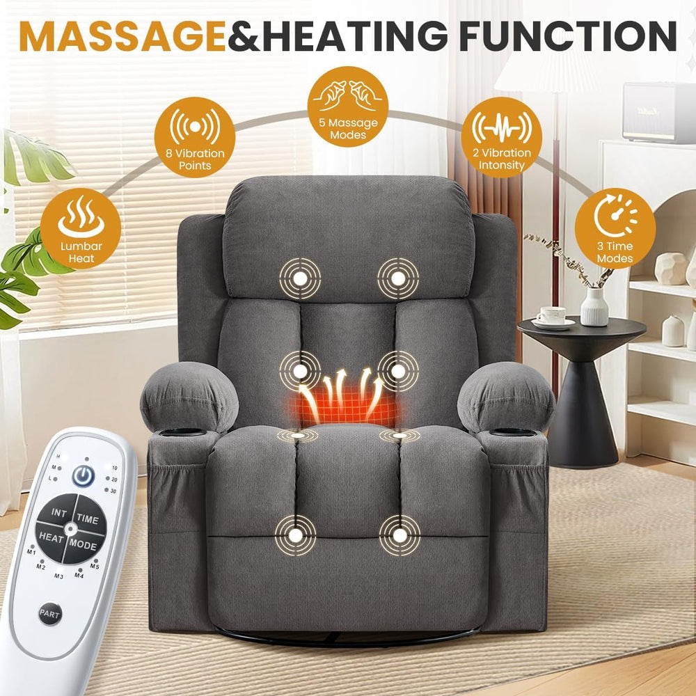 Swivel Rocker Recliner Chair with Vibration Massage & Lumbar Heating, Erg...