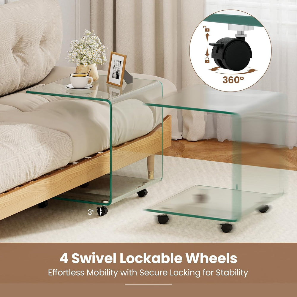 BECOMFORT Tempered Glass C-Shape End Table, Rolling Side Table with 4 Lockabl...