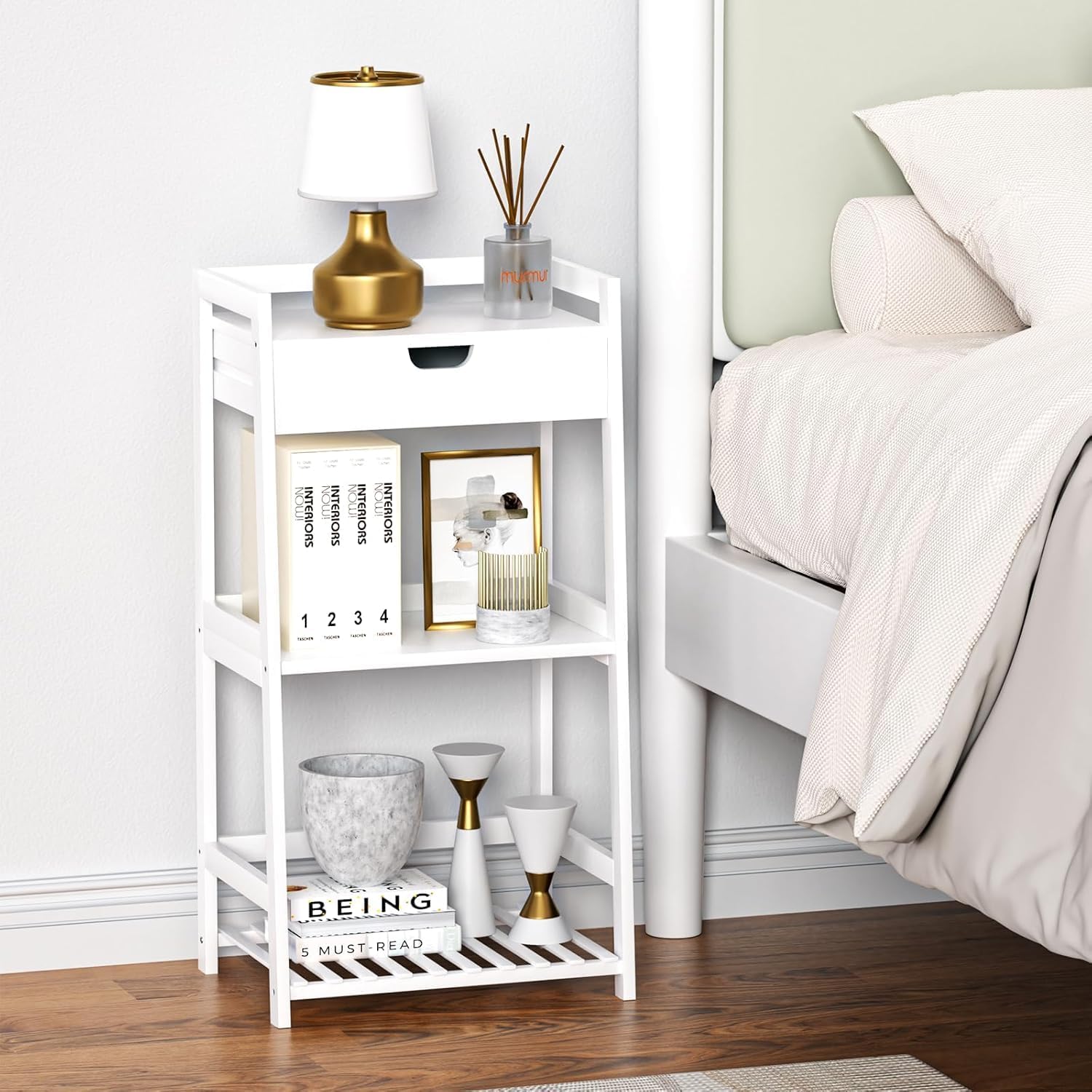 3 Tier Natural Bamboo Ladder Storage Shelf with Pull Out Drawer, Space Saving Freestanding Display Rack 11.8" D x 16.5" W x 31" H for Bathroom Bedroom Kitchen Office