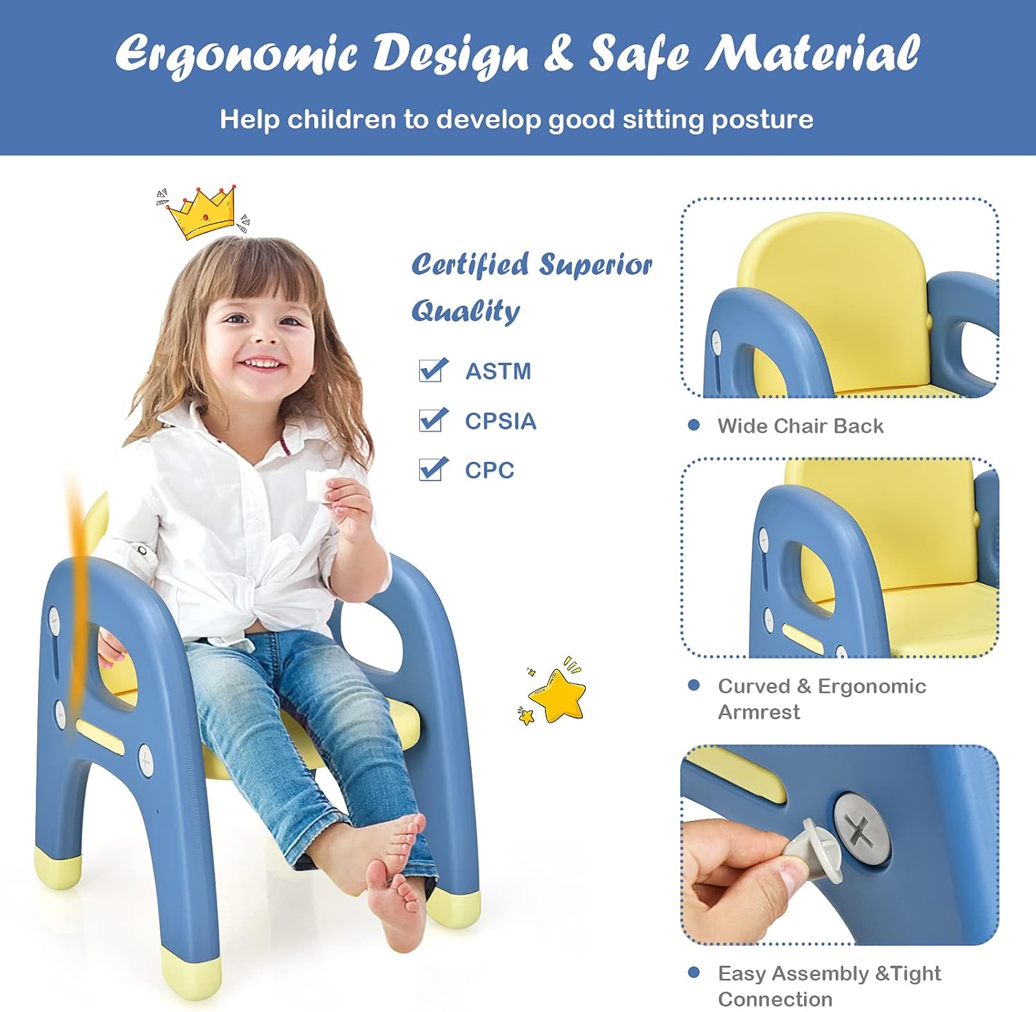 Costzon Toddler Table and Chair Set, Cute Dinosaur Children Activity Art Sturdy Desk Set w/Storage Rack & Montessori Building Blocks, Kids Table and Chair for Baby Boys Girls (Blue)