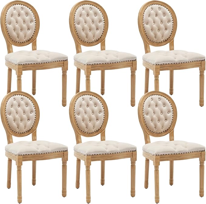 French Country Dining Chairs Set of 6,Farmhouse Upholstered Dining Room Chairs with Tufted Round Back&Solid Leg,Velvet Kitchen Side Chairs for Kitchen/Bedroom/Dining Room,Beige