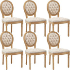 French Country Dining Chairs Set of 6,Farmhouse Upholstered Dining Room Chairs with Tufted Round Back&Solid Leg,Velvet Kitchen Side Chairs for Kitchen/Bedroom/Dining Room,Beige