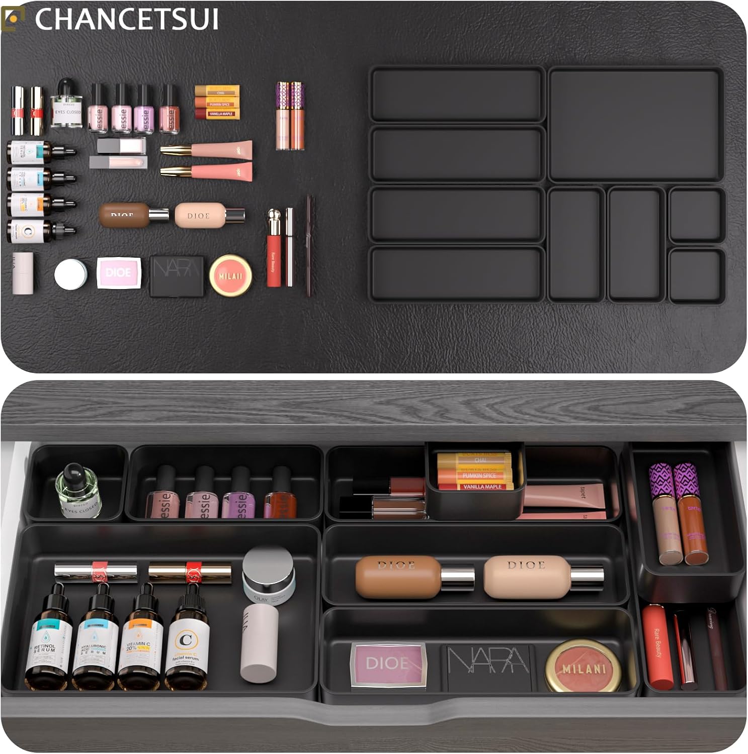 Black Bathroom Drawer Organizer Trays: 9 PC Stackable Desk Organizers Bin | vanity office kitchen modern shallow containers modular storage