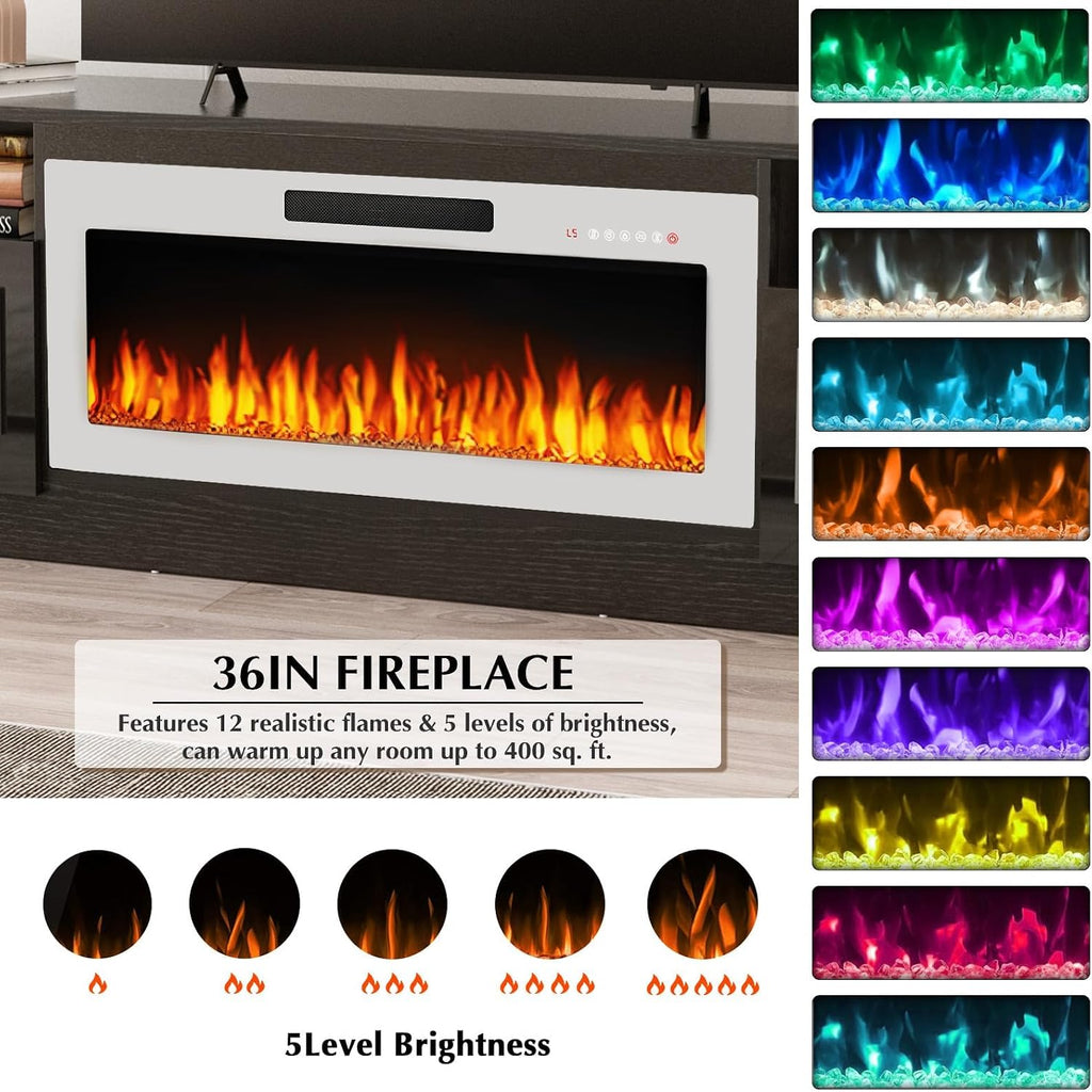 70" Black TV Stand with 36" White Electric Fireplace, 750W/1500W Entertainment Center for TVs up to 80", 20-Color LED, 300lbs Max Capacity High Gloss Cabinet, Two-Tone Style