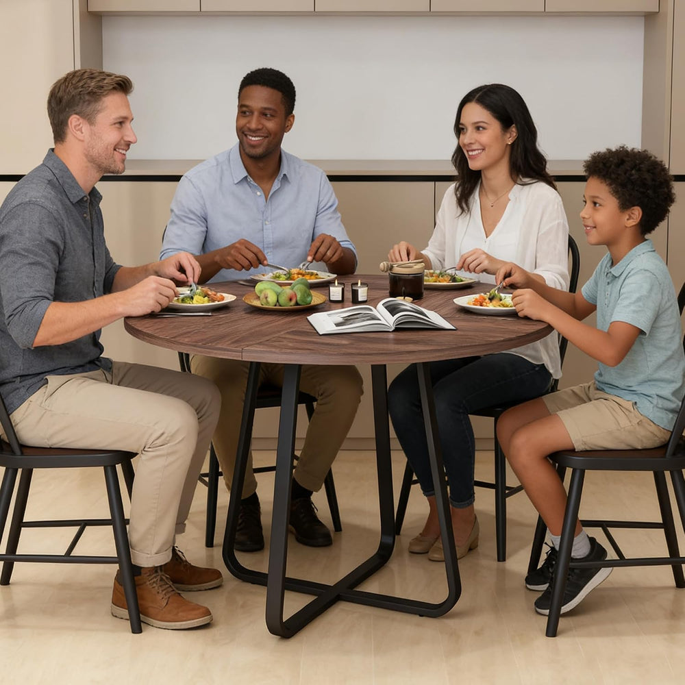 43.31'' Round Dining Table, Wood Kitchen Table with Metal X-Shaped Ba...