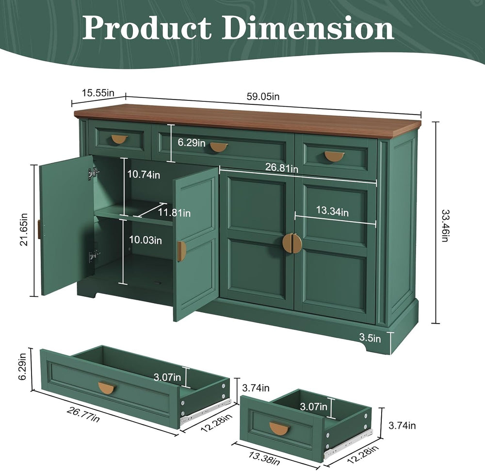 HLR 60” Large Buffet Sideboard Cabinet with 4 Doors and 3 Drawers Shaker Styl...