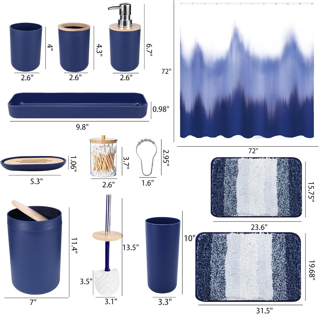 iMucci Bathroom Accessories Navy Blue Bathroom Sets with Shower Curtain and Rug, Navy Blue Ombre Waterproof Shower Curtain with Ultra Absorbent Rug Bathroom Accessories Set for Home Decor