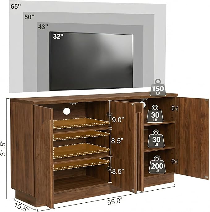 Yechen Fluted Walnut TV Stand with Arched Reeded Design Doors, Modern Entertainment Center with Storage for Up to 65 Inch, TV Media Console, TV Cabinet for Living Room, Bedroom(1 PCS)