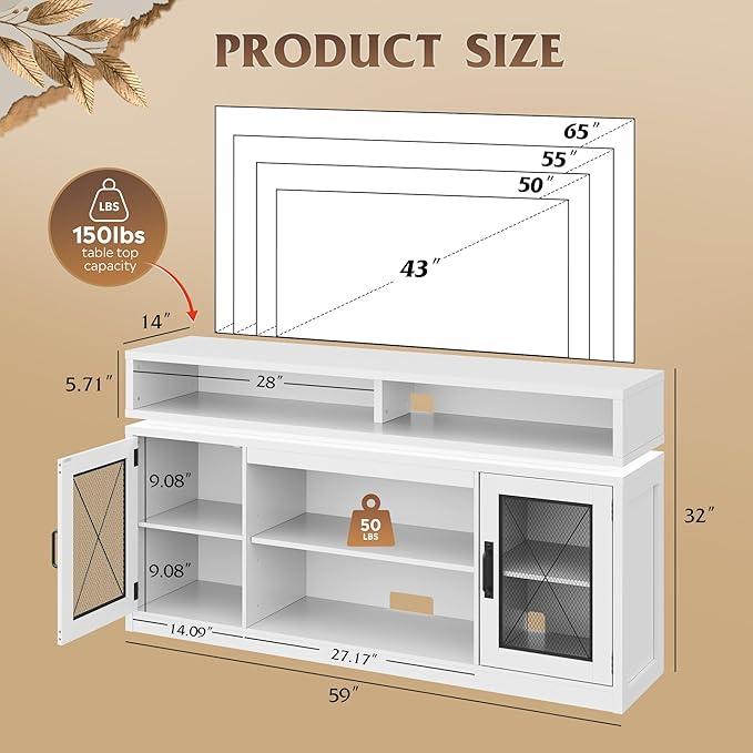 WLIVE Farmhouse TV Stand for TVs Up to 65 Inches, Tall Entertainment Center with Storage Cabinets & LED Lights, Media Console for Living Room, Bedroom, Home Theater, White