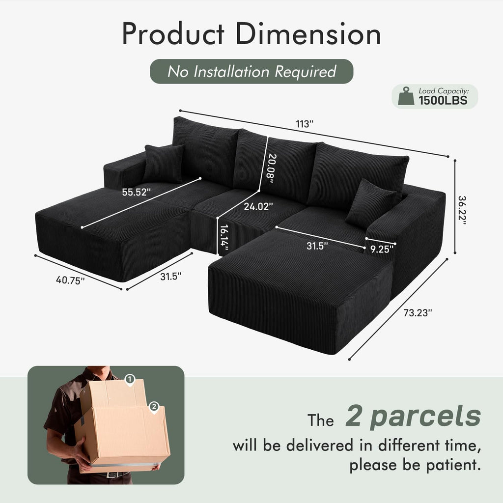 113" Modular Sectional Sofa Boneless U-Shaped Couches for Living Room | Modern Corduroy Cloud Couch Sofa with Memory Foam Deep Seat and Non-Slip Base, No Assembly, Black