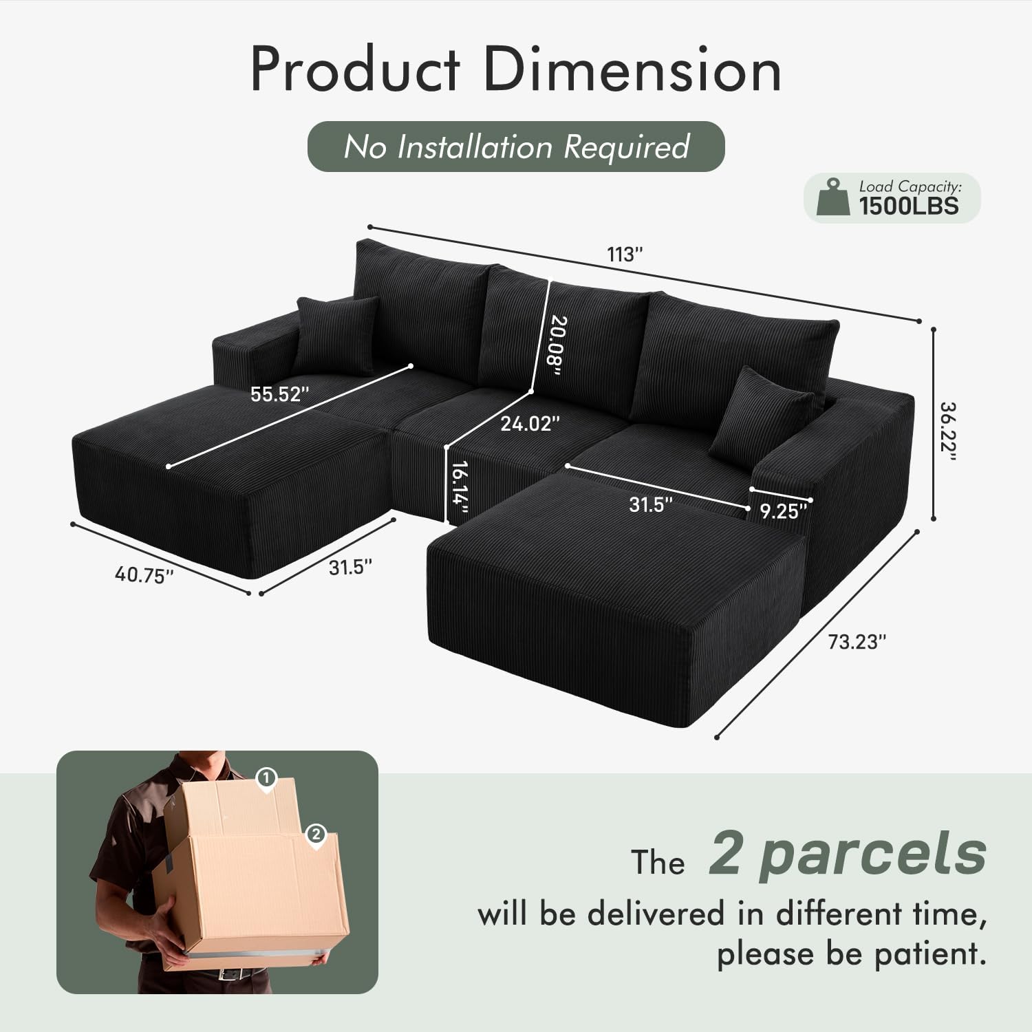 113" Modular Sectional Sofa Boneless U-Shaped Couches for Living Room | Modern Corduroy Cloud Couch Sofa with Memory Foam Deep Seat and Non-Slip Base, No Assembly, Black