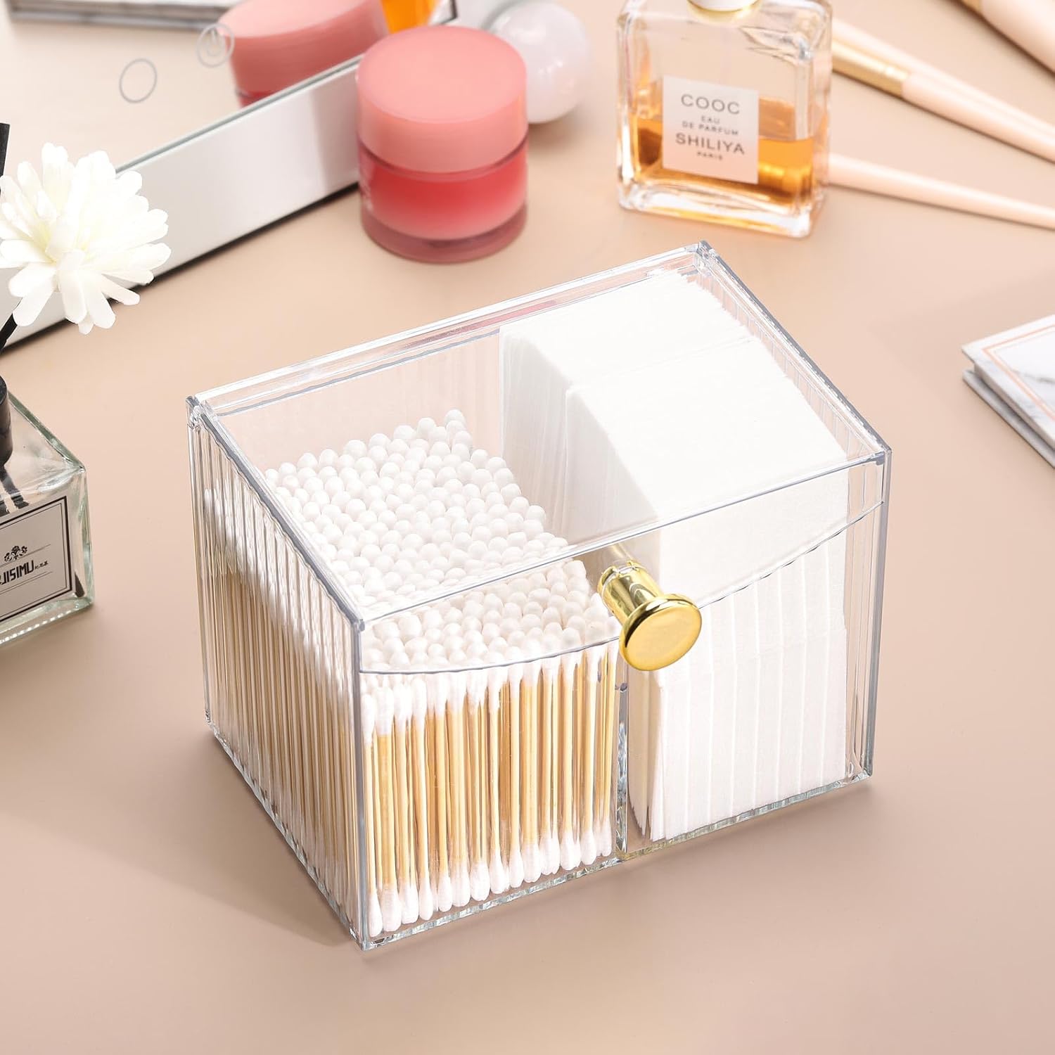 Tbestmax Qtip Holder Dispenser 2-Section Clear Bathroom Organizer 2 Grids Cotton Swab/Pad/Ball Holder Container Cosmetics Storage for Vanity