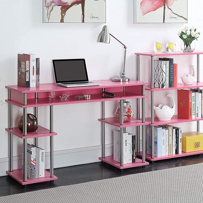 Convenience Concepts Designs2Go No Tools Student Desk 47.25" - Contemporary Office, Dorm Room Desk and Vanity with Storage Shelves, Pink