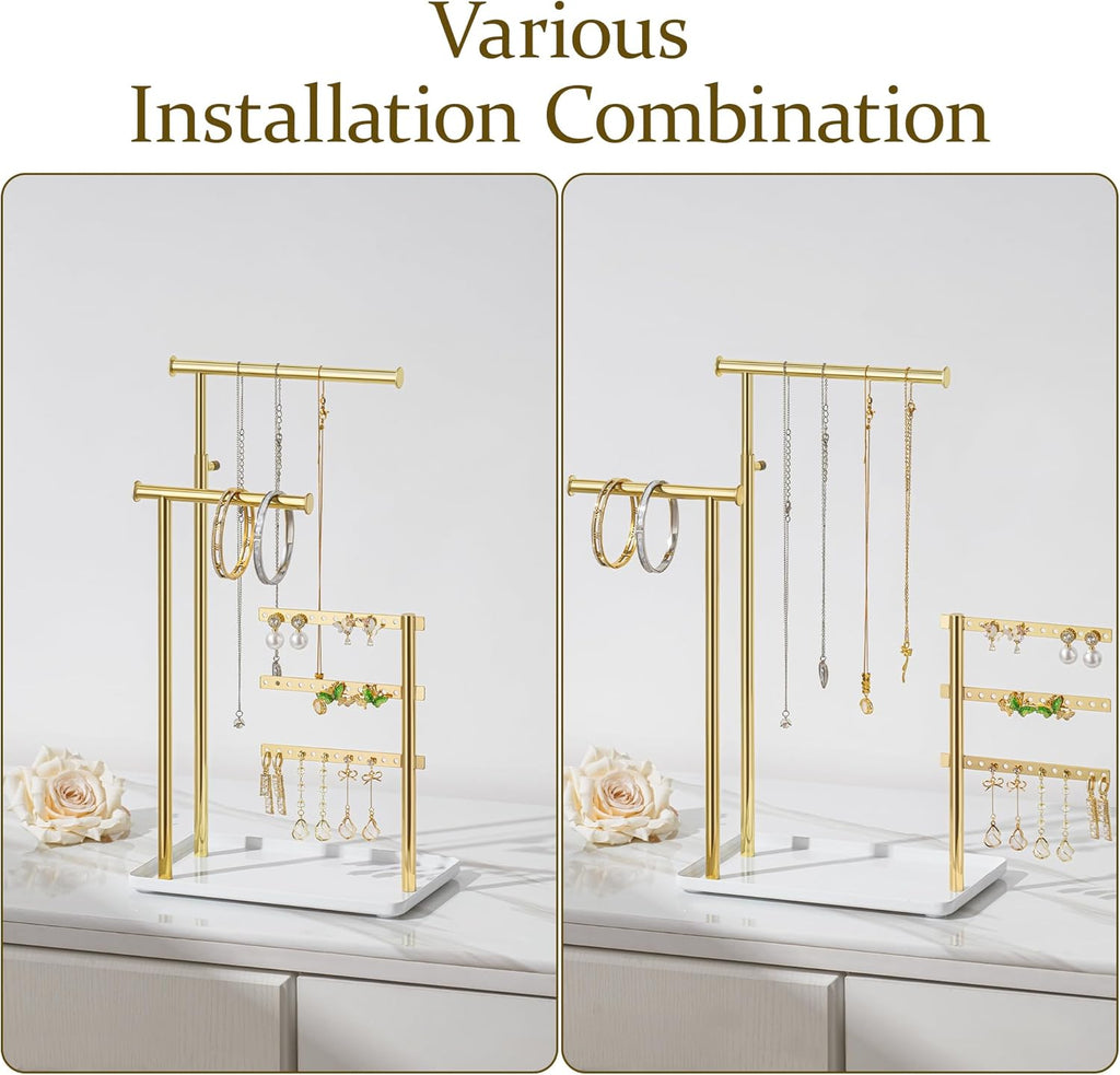 Jewelry Holder Organizer Stand - Adjustable Tall 17.5" (Max), Gift for Women, Mirrored Gold Jewelry Hanger for Necklaces, Earrings, Bracelets, Rings