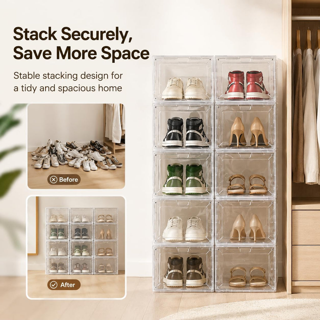 Clear Shoe Storage Box, 2026 2nd Gen Thickened Hard Plastic Stackable Organizer with Magnetic Door, Folding Shoe Rack for Closet, Large Sneaker Display Case for Sneakers and Ankle Boots,1 Pack