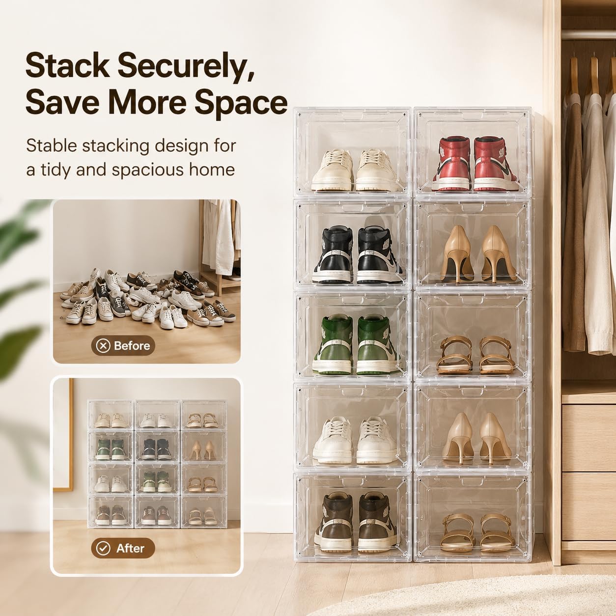 Clear Shoe Storage Box, 2026 2nd Gen Thickened Hard Plastic Stackable Organizer with Magnetic Door, Folding Shoe Rack for Closet, Large Sneaker Display Case for Sneakers and Ankle Boots,1 Pack