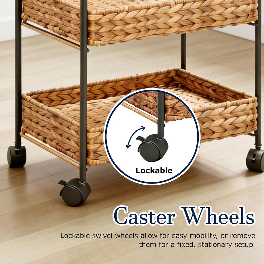 3-Tier Wicker Rolling Storage Cart, 30×15×11 Inch (Chestnut)