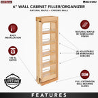 Rev-A-Shelf 6" W x 36" H Pull Out Quad Shelf Organizer for Wall & Base Kitchen Cabinets, Full Extension Filler Spice Rack, Adjustable, Wood, 432-WF36-6C