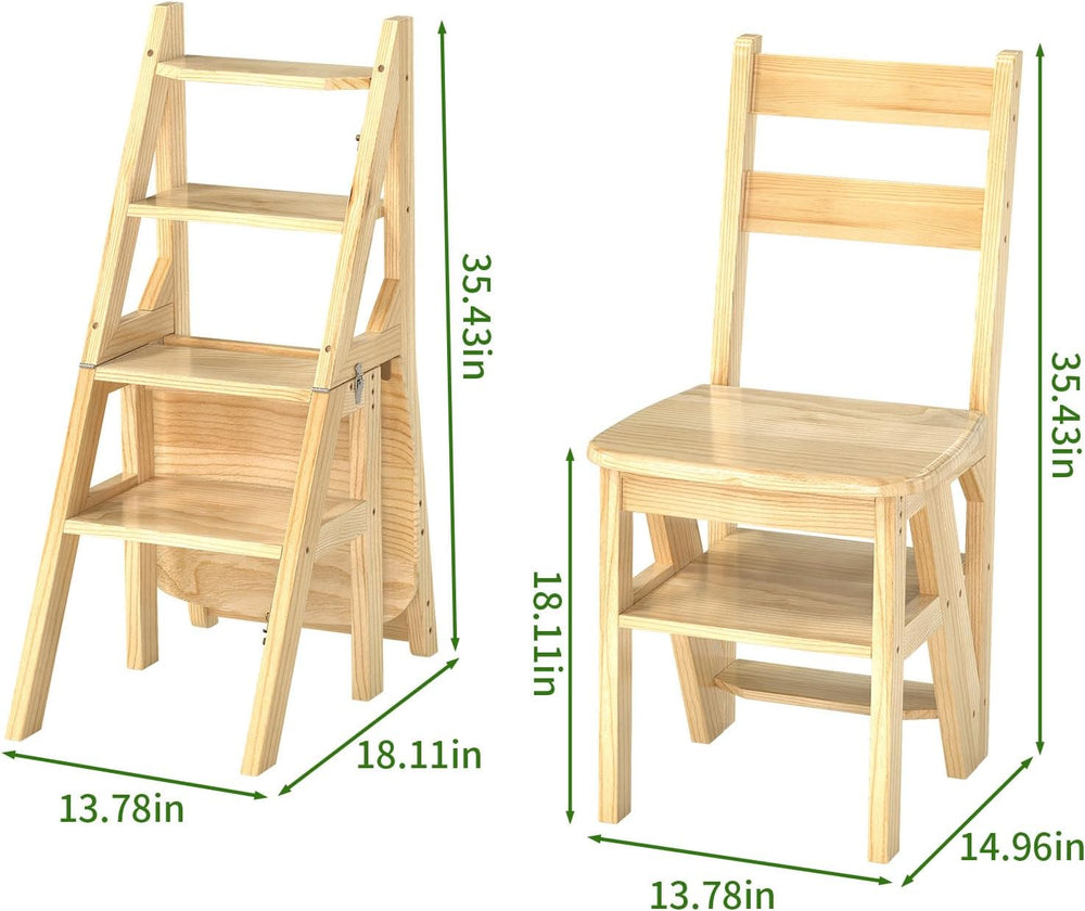 Library Ladder 4 Tier Folding Step Stool Chair 3-in-1 Multi-Functional Wood S...