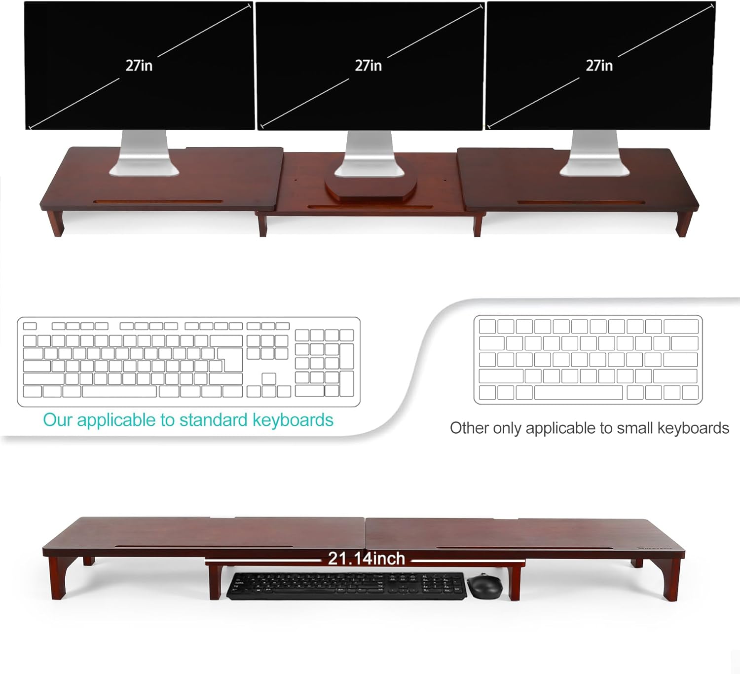 Nnewvante Large Dual Monitor Stand Riser, 60 inch Bamboo Monitor Stand with Adjustable Length and Angle, 3 Shelves Desktop Screen Riser for Computer Laptop PC, Walnut